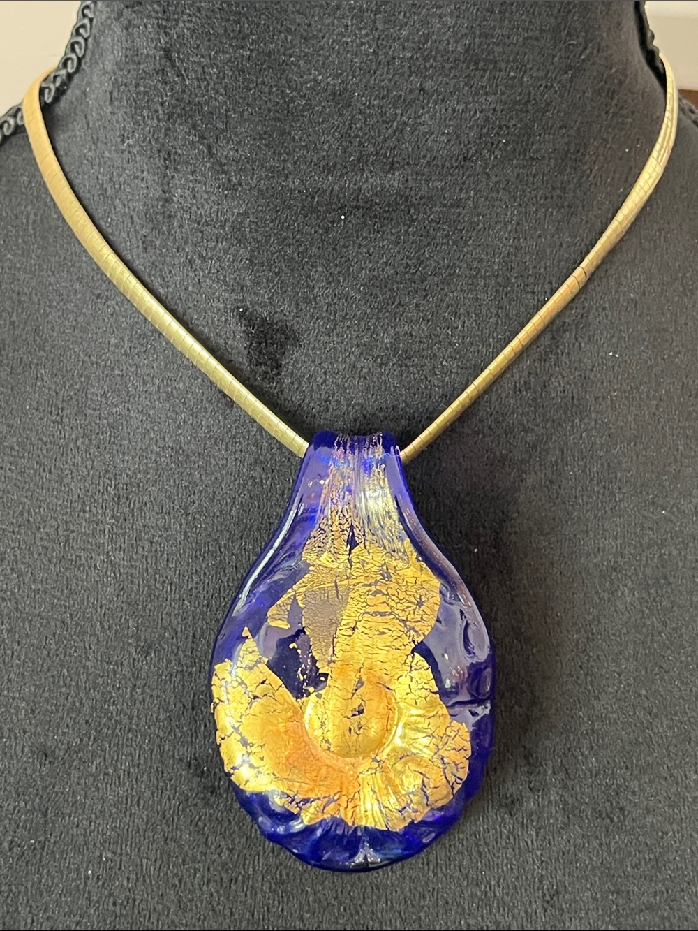 Blue Glass Necklace Pendant with Gold Leaf Accent